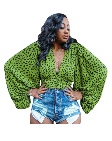 Leopard Print Cropped Blouse (Green)